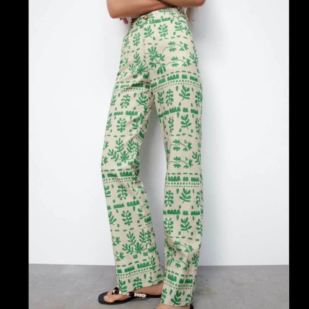 Printed linen pants green and beige XS